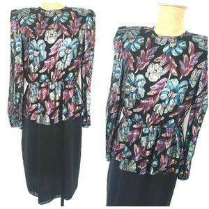 Vintage 80s Metallic Floral Cocktail Party Dress Medium Modest